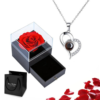 Projection Necklace Set with Rose Gift Box 100 Languages I Love You Heart Pendant 