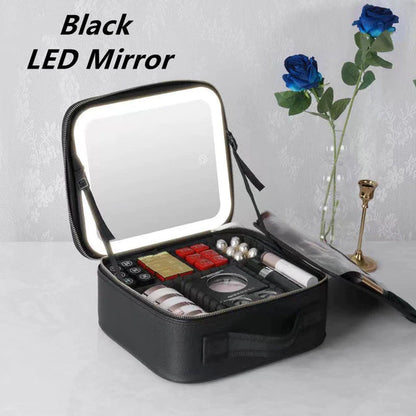 Large Capacity Portable Travel Makeup Bags with LED Light, Cosmetic Bag, Mirror, Cosmetic Case, and Luxury PU for Women