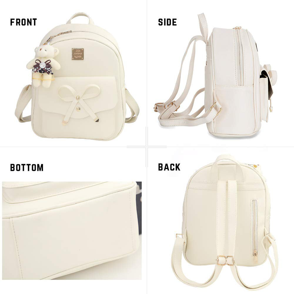 White Bowknot Mini Leather Backpack Purse Set - Stylish, Casual Daypacks for Girls and Women - Ideal for Travel