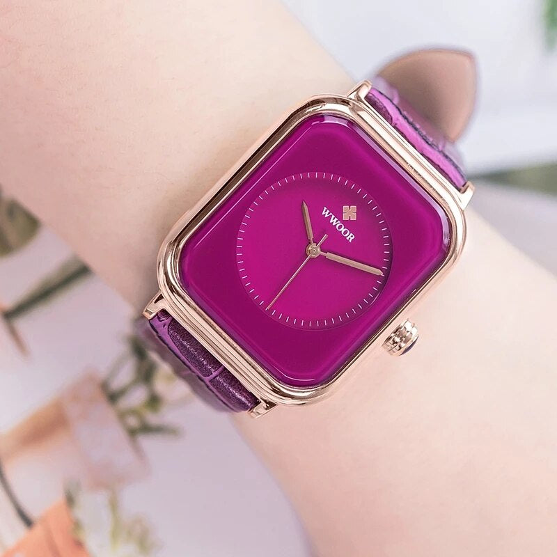 WWOOR Elegant Women's Analog Quartz Wristwatch with Purple Leather Strap - Stylish Waterproof Ladies Luxury Dress Watch