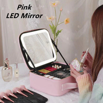 Large Capacity Portable Travel Makeup Bags with LED Light, Cosmetic Bag, Mirror, Cosmetic Case, and Luxury PU for Women