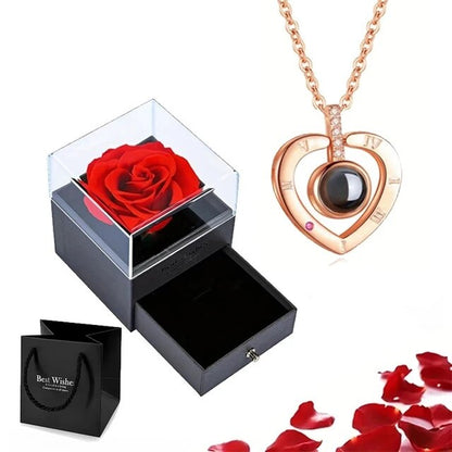 Projection Necklace Set with Rose Gift Box 100 Languages I Love You Heart Pendant 