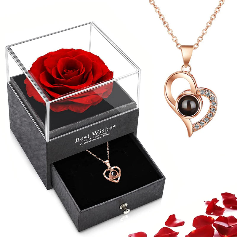 Projection Necklace Set with Rose Gift Box 100 Languages I Love You Heart Pendant 