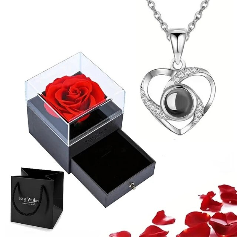 Projection Necklace Set with Rose Gift Box 100 Languages I Love You Heart Pendant 