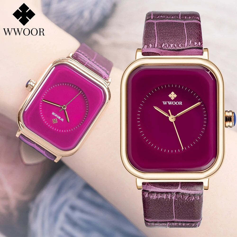 WWOOR Elegant Women's Analog Quartz Wristwatch with Purple Leather Strap - Stylish Waterproof Ladies Luxury Dress Watch