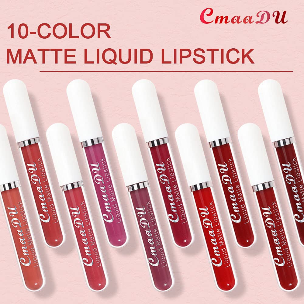 Introducing Cmaadu 10Pcs Velvet Crimson Liquid Matte Lipstick Set - The Ultimate Long-lasting, Waterproof and Smudge-proof Lipstick Collection for Stylish Women