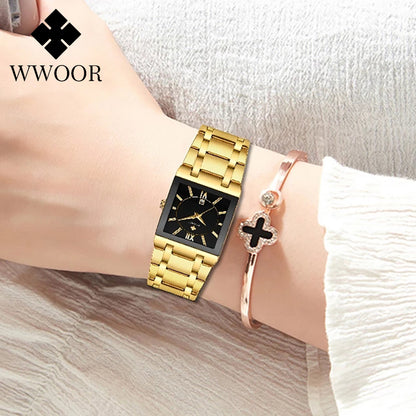 Stylish WWOOR Gold Black Women's Watch - A Glamorous Timepiece for Fashion-Forward Ladies!