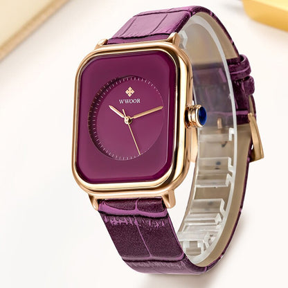 WWOOR Elegant Women's Analog Quartz Wristwatch with Purple Leather Strap - Stylish Waterproof Ladies Luxury Dress Watch