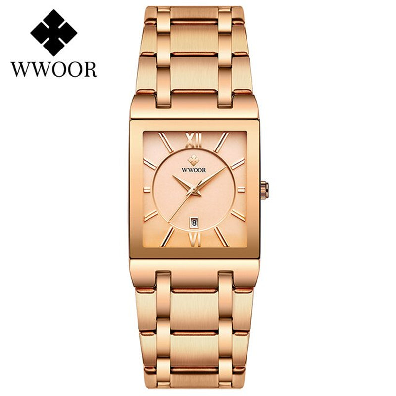 Stylish WWOOR Gold Black Women's Watch - A Glamorous Timepiece for Fashion-Forward Ladies!