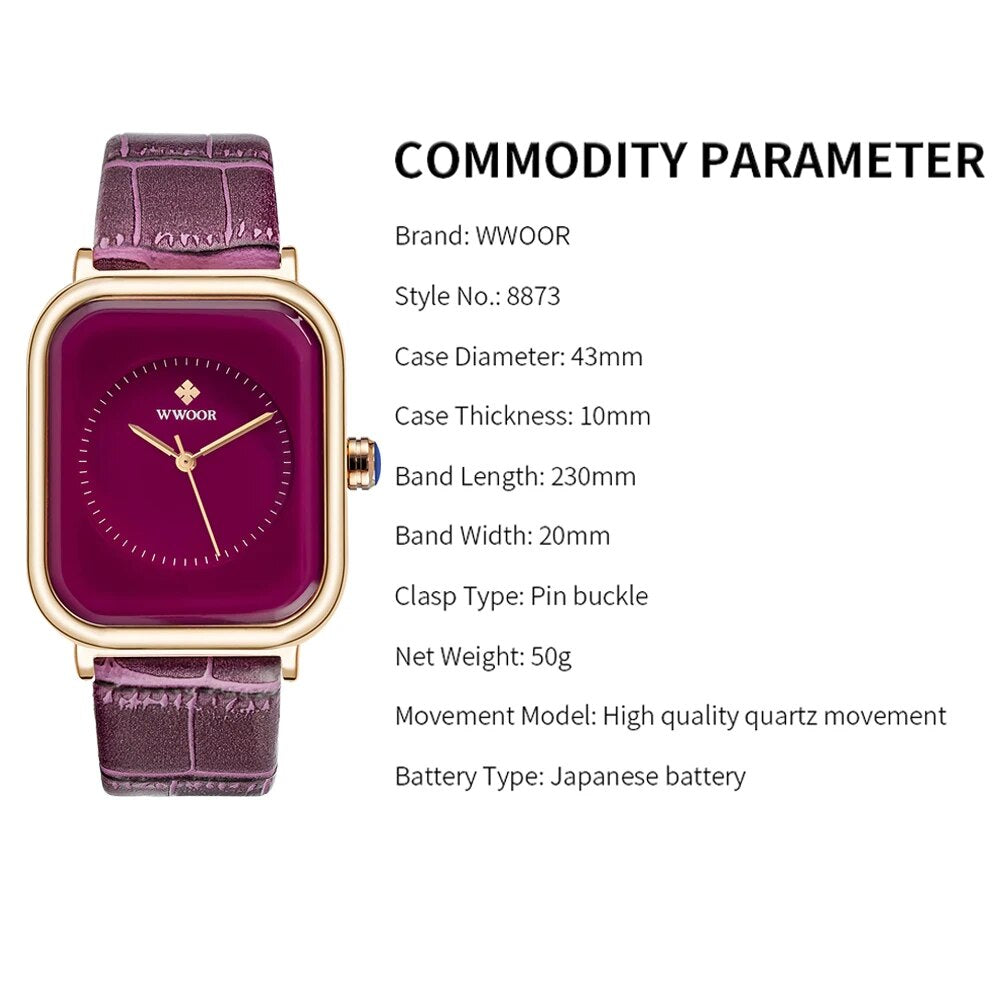 WWOOR Elegant Women's Analog Quartz Wristwatch with Purple Leather Strap - Stylish Waterproof Ladies Luxury Dress Watch