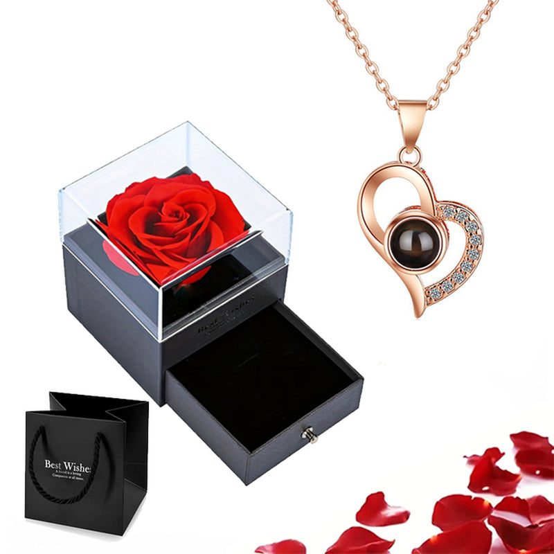 Projection Necklace Set with Rose Gift Box 100 Languages I Love You Heart Pendant 