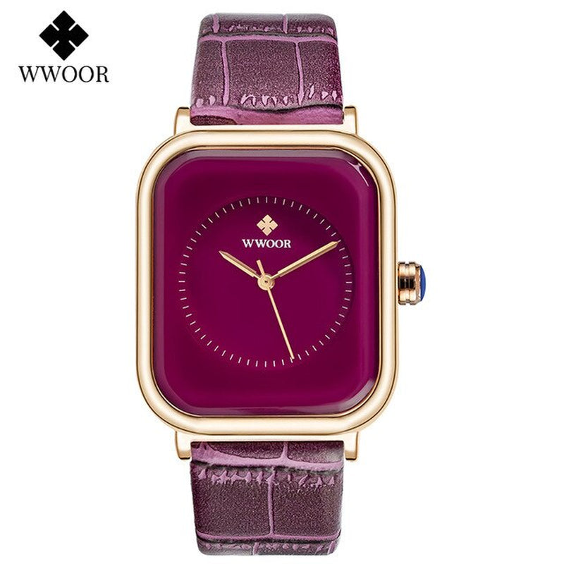 WWOOR Elegant Women's Analog Quartz Wristwatch with Purple Leather Strap - Stylish Waterproof Ladies Luxury Dress Watch