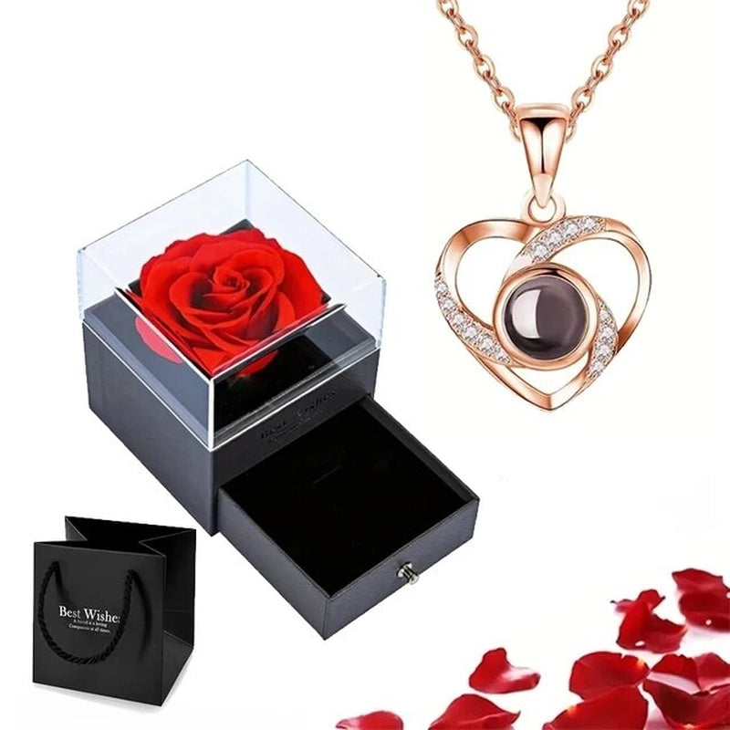 Projection Necklace Set with Rose Gift Box 100 Languages I Love You Heart Pendant 